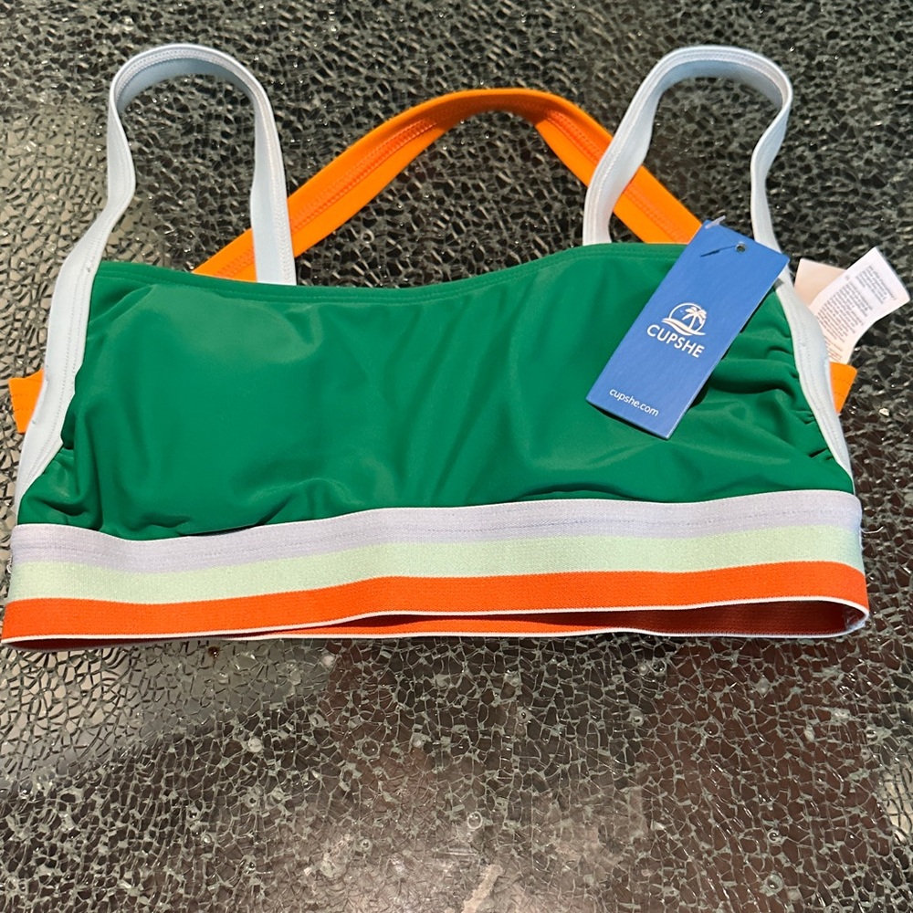 Cupshe Girls Green Bikini Top with Orange and White Straps